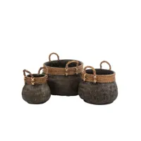set of 3 baskets+handle ball bamboo+rope black - l 58 x l 58 x h 40 cm