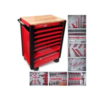 servante d'atelier widmann tcbwf-re - 7-7 rouge, 240 outils inclus avec clé dynamo - 7 tiroirs,  plateau bois, sur roulettes