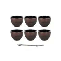 6 tasses en fonte noires & bronze 15 cl + paille inox avec filtre #kits