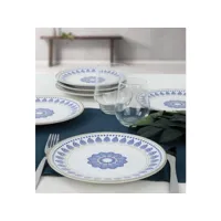 lot de 6 assiettes plates dita d20cm céramique motif arabesque bleu et blanc