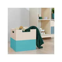 boîte de rangement bois modèle 2 - poignées - bleu turquoise et bois naturel - 33 x 33 x 37 cm #ds