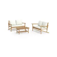 ensemble de salon de jardin design élégant 3 pcs avec coussins de siège blanc crème bambou