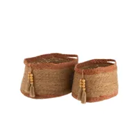 set de 2 paniers ovales avec perles nature-brun - l 54 x l 39 x h 33 cm