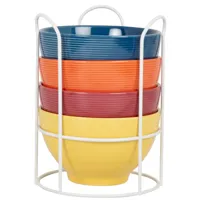 bols en grès jaune, bleu, rose, et orange (x4) support en métal