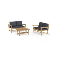 ensemble de salon de jardin design élégant 3 pcs avec coussins de siège gris foncé bambou