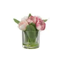bouquet de tulipes artificiel dans vase rond en plastique rose 17x17x20 cm