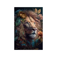 tableau sur verre lion roi fleuri 45x65 cm 642943
