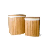 ensemble de 2 paniers en bambou comprenant un sac à linge avec couvercle, un sac en coton et des poignées - devant courbé - naturel - 45x34x51cm