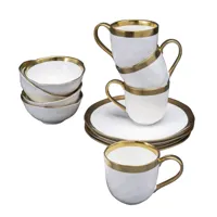lot 6 mugs, 6 bols, 6 assiettes plates en porcelaine blanche et dorée